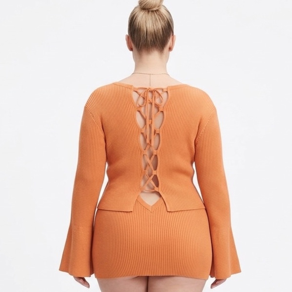 Royalty by Maluma Ribbed Lace-up back knit Top plus size 3X Orange bell sleeves